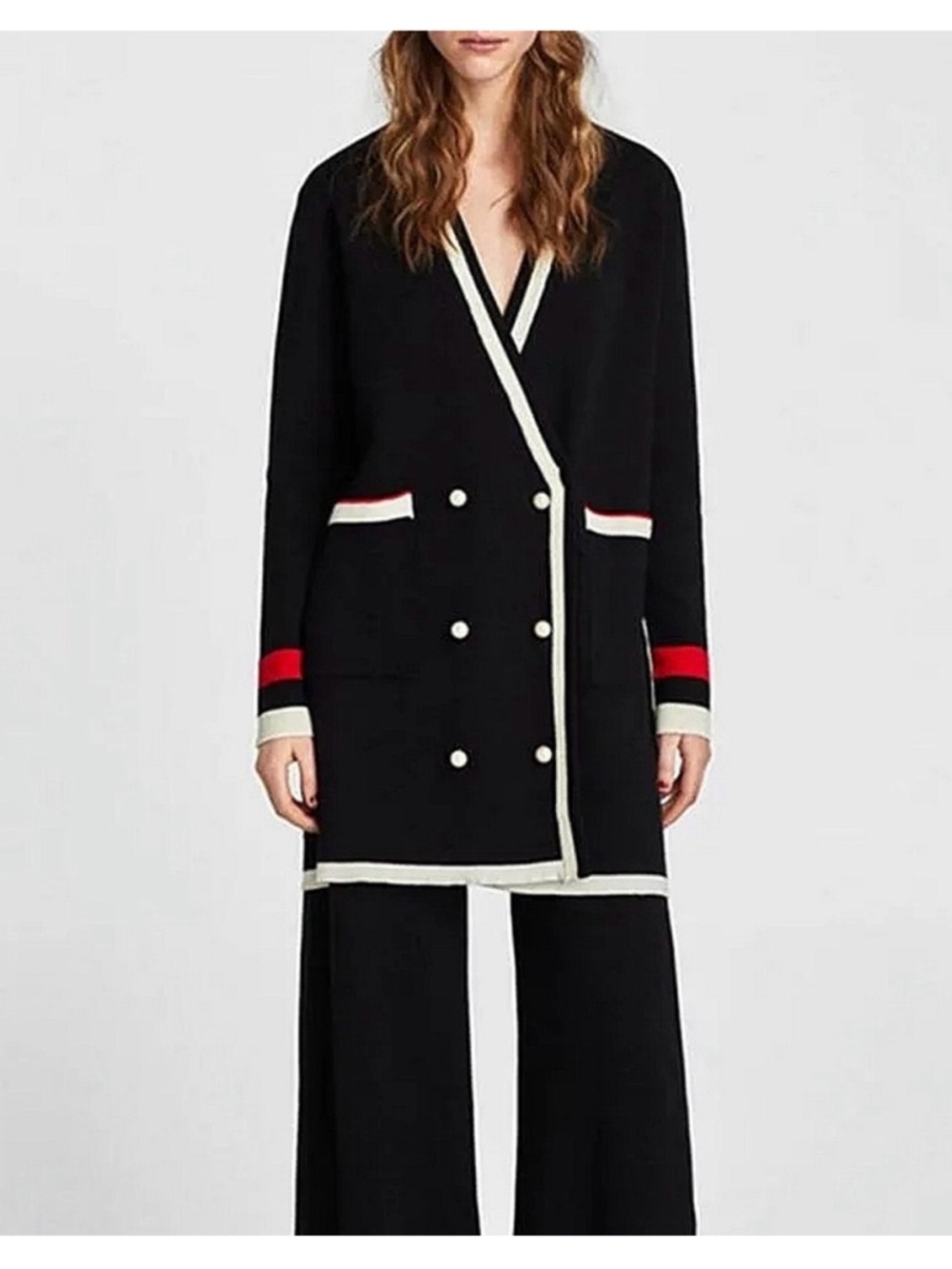 Zara Knits Double Breasted Pearl Button Knitted Striped Long Cardigan Sweater L